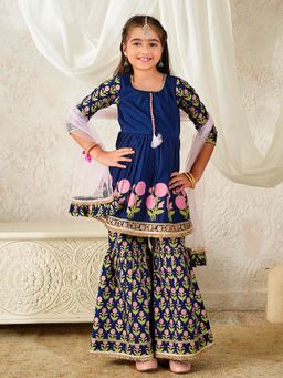 PSPeaches - Girls Navy Blue Kurta and Sharara with Dupatta