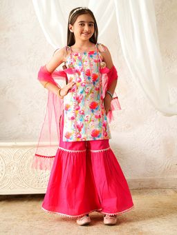 PSPeaches - Girls Pink Kurta and Sharara with Dupatta