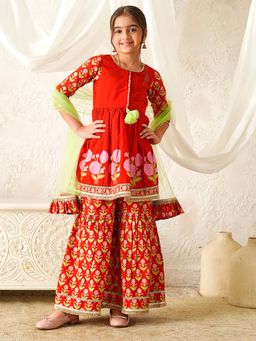PSPeaches - Girls Red Anarkali Kurta and Sharara with Dupatta