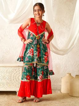 PSPeaches - Girls Red Kurta and Sharara with Dupatta