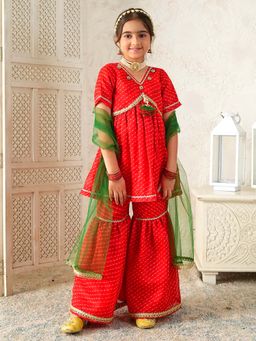 PSPeaches - Girls Red Kurta and Sharara with Dupatta
