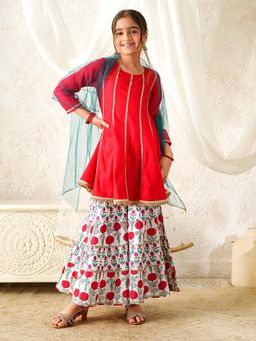 PSPeaches - Girls Red Kurta and Sharara with Dupatta