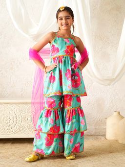 PSPeaches - Girls Green Kurta and Sharara with Dupatta