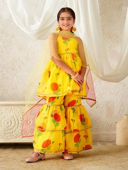 PSPeaches - Girls Yellow Kurta and Sharara with Dupatta
