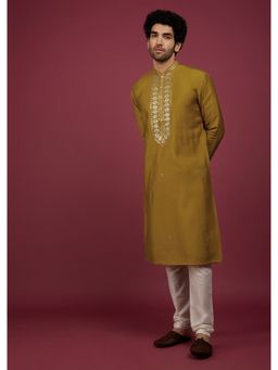 KALKI FASHION - Buckthorn Yellow Silk Kurta In Leather Work On Yoke (Set of 2)