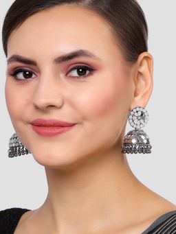 Karatcart - Black Silver Plated Mirror Studded Jhumki Earrings for Women