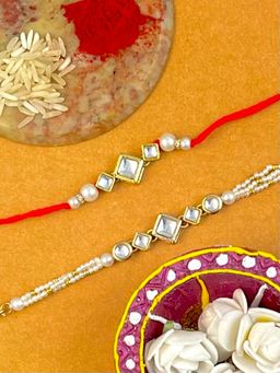 Karatcart - Gold Plated Handmade Kundan Bhaiya Bhabhi Rakhi Roli & Chawal Combo
