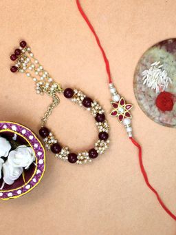 Karatcart - Gold Plated Handmade Kundan Bhaiya Bhabhi Rakhi Roli & Chawal Combo