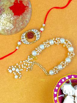 Karatcart - Gold Plated Handmade Kundan Bhaiya Bhabhi Rakhi Roli & Chawal Combo