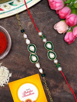 Karatcart - Gold Plated Green Handmade Kundan Bhaiya Bhabhi Rakhi Combo