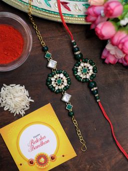 Karatcart - Gold Plated Green Beads Floral Kundan Bhaiya Bhabhi Rakhi Combo