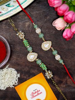Karatcart - Gold Plated Light Green Crystal Kundan Bhaiya Bhabhi Rakhi Combo
