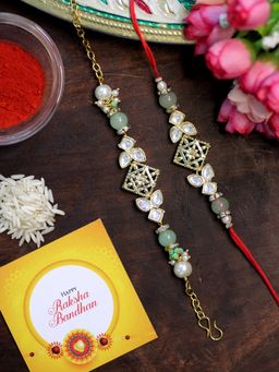 Karatcart - Gold Plated Light Green Beads Kundan Bhaiya Bhabhi Rakhi Combo