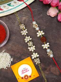 Karatcart - Gold Plated Rudraksha Handmade Kundan Bhaiya Bhabhi Rakhi Combo