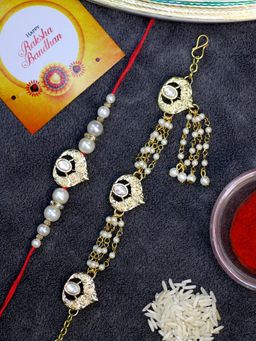 Karatcart - Gold Plated Handmade Heart Kundan Bhaiya Bhabhi Rakhi Combo