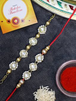 Karatcart - Gold Plated Golden Pearl Handmade Kundan Bhaiya Bhabhi Rakhi Combo