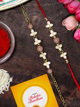 Karatcart - Gold Plated Peach Beads Handmade Kundan Bhaiya Bhabhi Rakhi Combo
