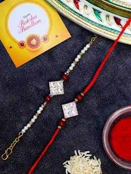 Karatcart - Gold Plated Red Bead Square Kundan Bhaiya Bhabhi Rakhi Combo