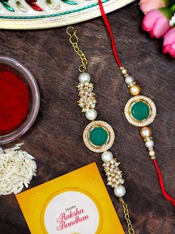 Karatcart - Gold Plated Green Polki Kundan Bhaiya Bhabhi Rakhi Combo