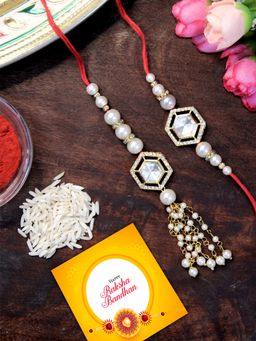 Karatcart - Gold Plated Pearl and Polki Kundan Handmade Bhaiya Bhabhi Rakhi Combo