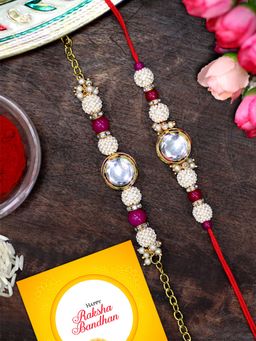 Karatcart - Gold Plated Pink Round Polki Kundan Bhaiya Bhabhi Rakhi Combo