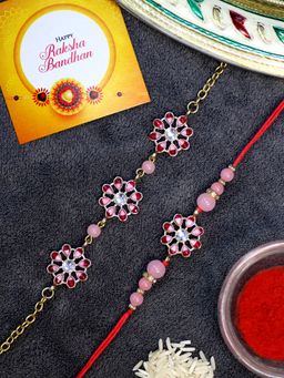 Karatcart - Gold Plated Red Two Tone Kundan Handmade Bhaiya Bhabhi Rakhi Combo