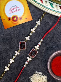 Karatcart - Gold Plated Red Carved Stone Kundan Handmade Bhaiya Bhabhi Rakhi Combo
