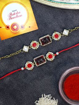 Karatcart - Gold Plated Red Carved Stone Kundan Bhaiya Bhabhi Rakhi Combo