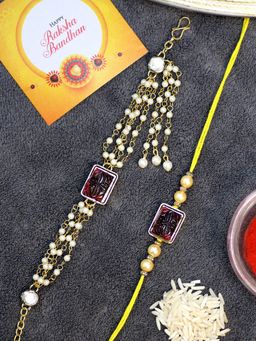 Karatcart - Gold Plated Red Carved Stone and Pearl Kundan Bhaiya Bhabhi Rakhi Combo
