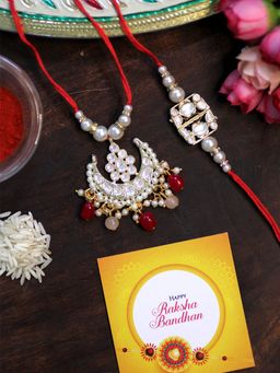 Karatcart - Gold Plated Red & Peach Beads Handmade Kundan Bhaiya Bhabhi Rakhi Combo