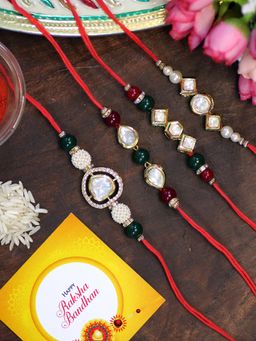 Karatcart - Rakhi for Brother Gold Plated Handmade Polki Kundan Rakhi with Roli & Chawal