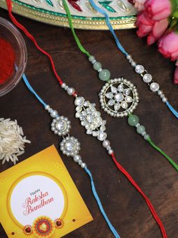 Karatcart - Rakhi for Brother Silver Plated Handmade Kundan Rakhi with Roli & Chawal