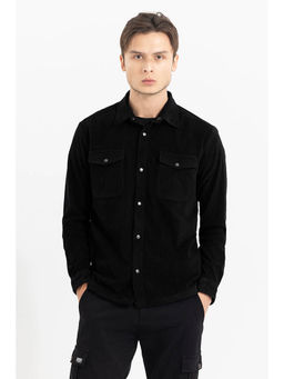 Snitch - Black Textured Full Sleeves Relaxed Casual Overshirt for Men