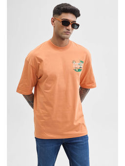 Snitch - Orange Printed Half Sleeves Oversized Casual T-Shirt for Men