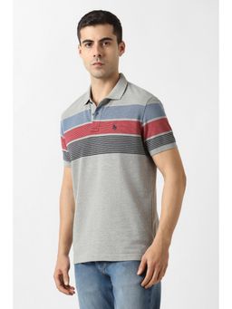 Van Heusen - Men Grey Stripe Collar Neck Polo T-Shirt