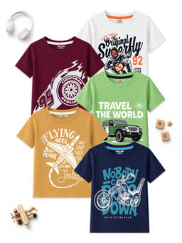 Kuchipoo - Multi-Color Cotton Blend Round Neck Printed T-Shirt (Pack of 5)