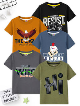 Kuchipoo - Multi-Color Cotton Blend Round Neck Typography T-Shirt (Pack of 5)