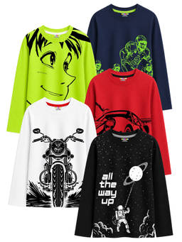 Kuchipoo - Multi-Color Cotton Blend Round Neck Printed T-Shirt (Pack of 5)