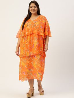 theRebelinme - Plus Size Women Orange Floral Printed Georgette Layered Midi Dress