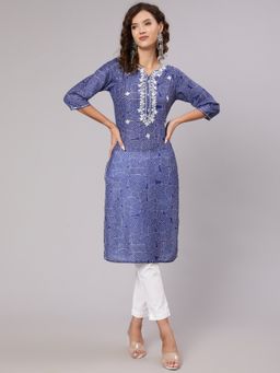 Jaipur Kurti - Blue Mirror Work Embroidered Muslin Kurta with White Pants (Set of 2)