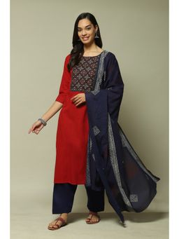 Biba - Red Cotton Unstitched Suit (Set of 3)