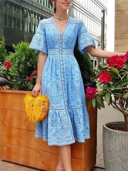 MISS MOSA BY AKANKSHA - Elegant Blue Jacquard Midi Dress