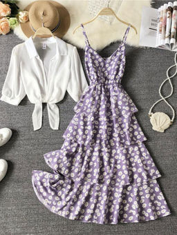 MISS MOSA BY AKANKSHA - Lavender Morocco Floral Print Dress With Shirt (Set of 2)