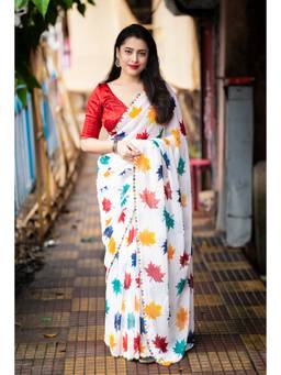 VAIRAGEE - White Soft Georgette Printed Saree with Unstitched Blouse