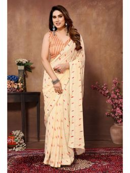 VAIRAGEE - Cream Soft Georgette Printed Ready to Wear Saree with Unstitched Blouse