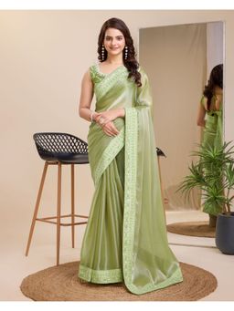 VAIRAGEE - Green Soft Jimmy Chau Silk Embroidery Saree with Unstitched Blouse