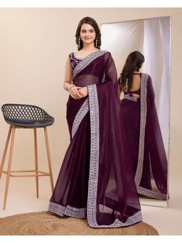 VAIRAGEE - Burgundy Soft Jimmy Chau Silk Embroidery Saree with Unstitched Blouse