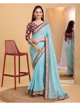VAIRAGEE - Blue Soft Organza Embroidery Saree with Unstitched Blouse
