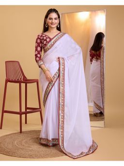 VAIRAGEE - Lavender Soft Organza Embroidery Saree with Unstitched Blouse