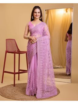 VAIRAGEE - Pink Soft Net Embroidery Saree with Unstitched Blouse